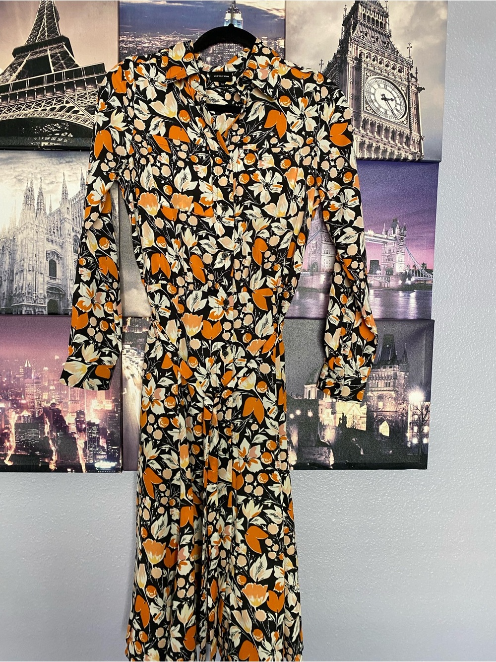 Who What Wear Black Maxi Dress with Orange & Cream Floral Print